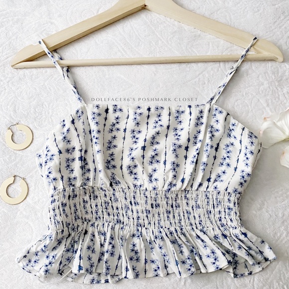 Skylar + Madison Tops - Blue + White Floral Print Smocked Waist Cropped Camisole